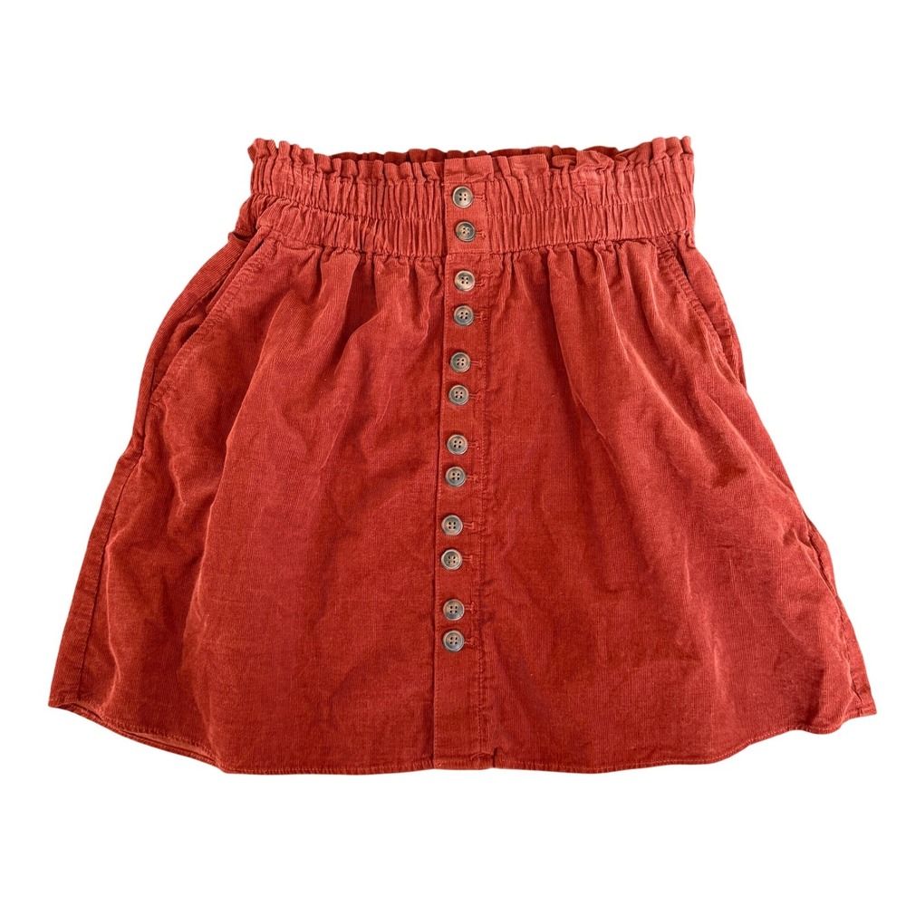 Madewell Corduroy Paperbag Mini Skirt Rust Red Button Front XS Pockets Cotton